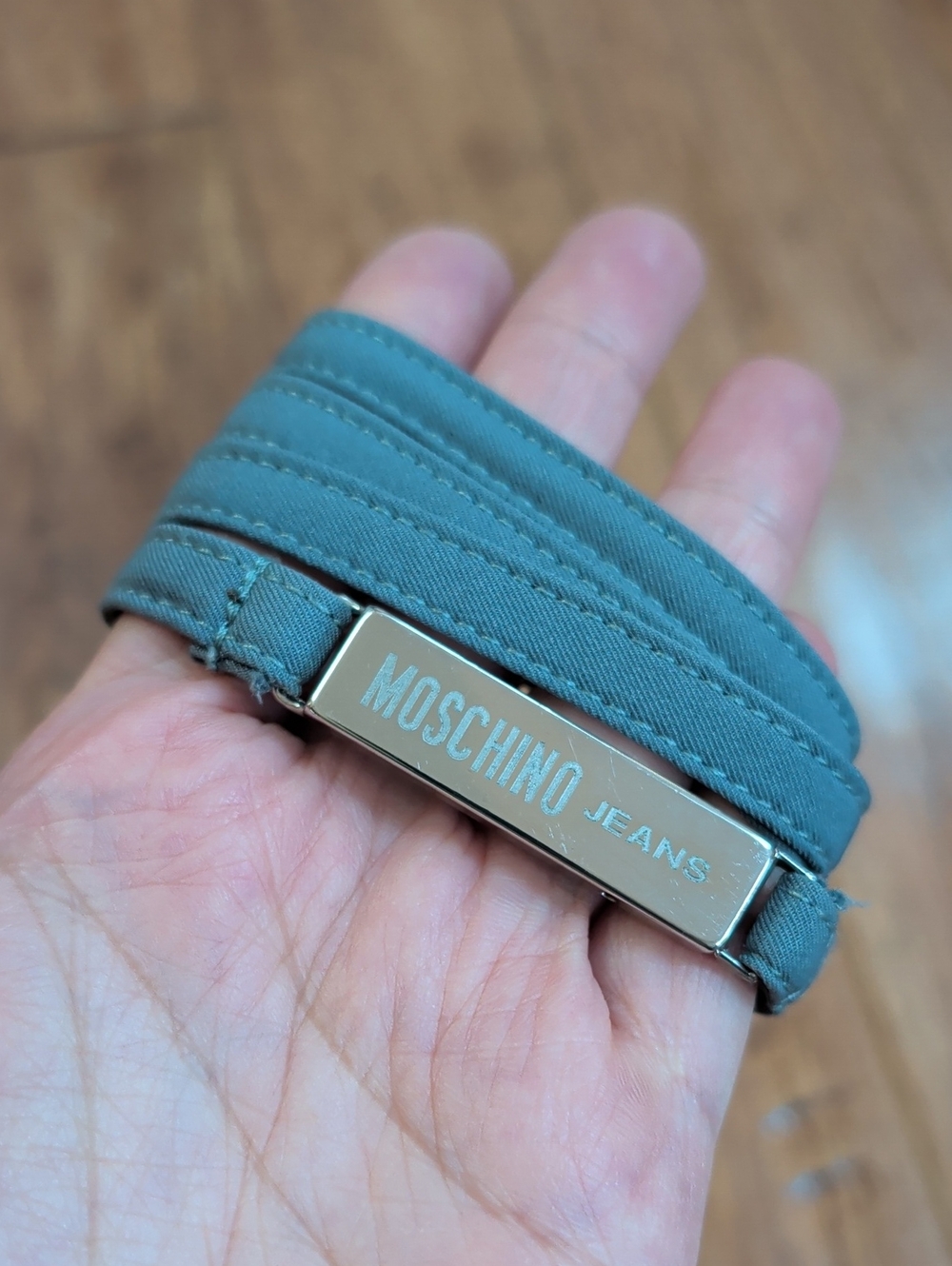 Moschino Gray Fabric Belt with Silver Tone Snap Logo Plate